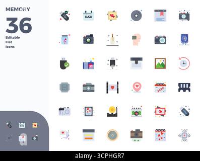 Download 36 scalable Flat vector icons designed for Memory, featuring PIXEL perfect 128x128 resolution suitable for professional and creative projects Stock Vector