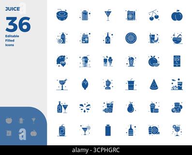 Streamlined set of 36 vector icons for Juice in Glyph Filled aesthetic, featuring 128x128 PIXEL perfect resolution for seamless user experiences. Stock Vector