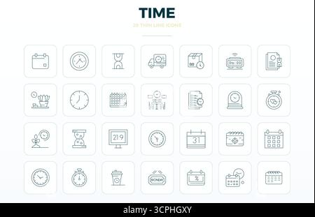 Sophisticated bundle of 28 Thin Outline vector icons for Time, engineered with 128x128 PIXEL perfect clarity for professional applications. Stock Vector