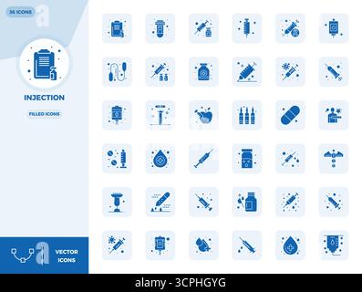 Intelligently designed 36 PIXEL perfect vector icons inspired by Injection, created in Filled format at 128x128 for smart and efficient design workflo Stock Vector