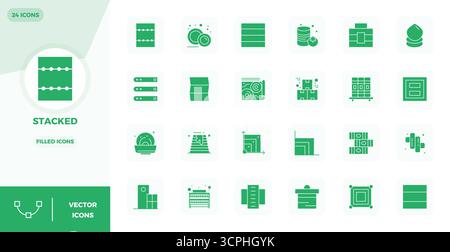 A clean collection of 24 Filled vector icons representing Stacked, designed in 128x128 PIXEL perfect format for modern dashboards and interfaces. Stock Vector