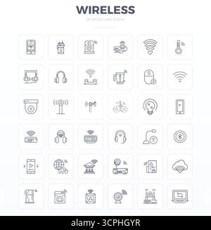 Perfectly balanced 36 Strong Outline PIXEL perfect vector icons for Wireless, sized at 128x128 for harmonious integration in digital design projects. Stock Vector