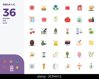 A clean collection of 36 Flat vector icons representing Organic, designed in 128x128 PIXEL perfect format for modern dashboards and interfaces. Stock Vector
