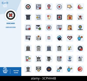 Streamlined set of 42 vector icons for Discard in LineFilled aesthetic, featuring 128x128 PIXEL perfect resolution for seamless user experiences. Stock Vector