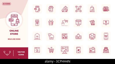 Download 24 scalable Bold Line vector icons designed for Online Store, featuring PIXEL perfect 128x128 resolution suitable for professional and creati Stock Vector
