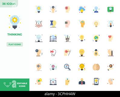 Expertly designed 36 Flat Color PIXEL perfect vector icons for Thinking, engineered at 128x128 resolution for flawless integration and performance. Stock Vector