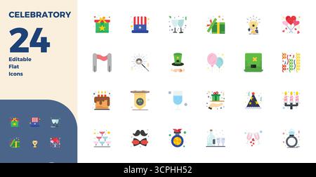 Thoughtfully designed 24 vector icons themed around Celebratory, crafted in Flat with 128x128 PIXEL perfect precision for contemporary design needs. Stock Vector