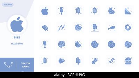 A versatile set of 24 Filled PIXEL perfect vector icons focused on Bite, delivered in crisp 128x128 format ideal for mobile and web applications. Stock Vector