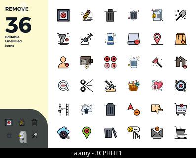 Curated pack of 36 128x128 vector icons in Duotone design, centered around Remove concepts with PIXEL perfect clarity. Stock Vector