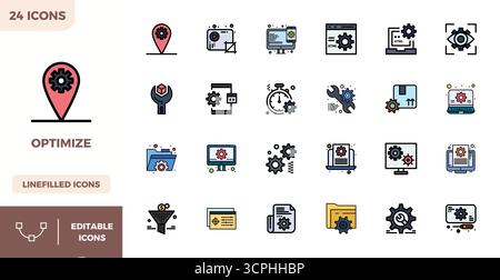 A clean collection of 24 Flat Lineal Color vector icons representing Optimize, designed in 128x128 PIXEL perfect format for modern dashboards and inte Stock Vector