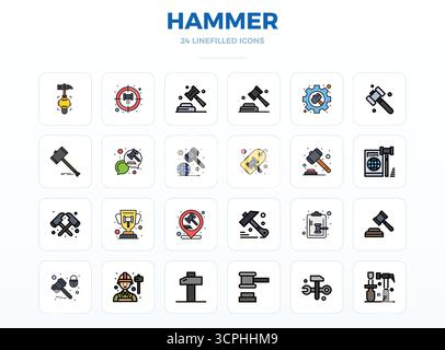 Revolutionary set of 24 PIXEL perfect vector icons inspired by Hammer, created in LineFill format at 128x128 resolution for cutting-edge design. Stock Vector