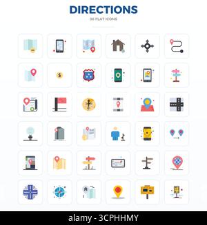 A clean collection of 36 Minimal Flat vector icons representing Directions, designed in 128x128 PIXEL perfect format for modern dashboards and interfa Stock Vector