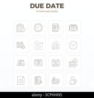 This collection features 16 Thin Outline PIXEL perfect vector icons tailored to the Due Date theme, optimized in 128x128 format for digital design. Stock Vector