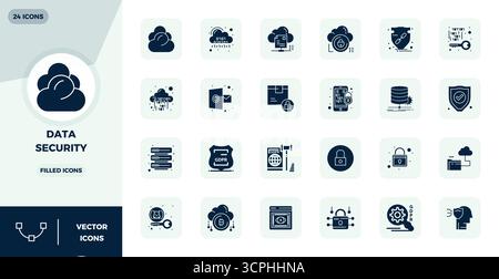Contemporary collection of 24 vector icons representing Data Security in Filled aesthetic, featuring 128x128 PIXEL perfect resolution for modern appli Stock Vector