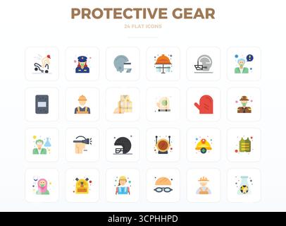 A versatile set of 24 Minimal Flat PIXEL perfect vector icons focused on Protective Gear, delivered in crisp 128x128 format ideal for mobile and web a Stock Vector