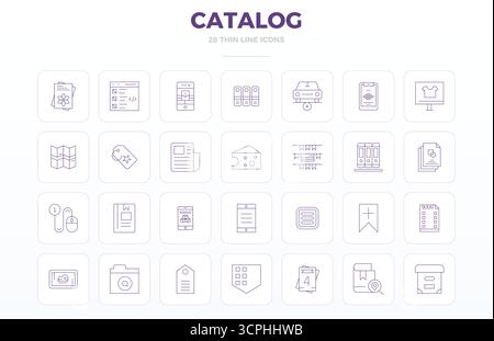 Essential pack of 28 PIXEL perfect vector icons for Catalog in Thin Outline format, sized at 128x128 for optimal performance and scalability. Stock Vector