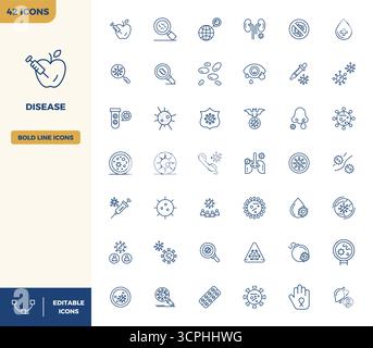 Sophisticated bundle of 42 Heavy Line vector icons for Disease, engineered with 128x128 PIXEL perfect clarity for professional applications. Stock Vector