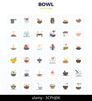 Strategic bundle featuring 36 vector icons representing Bowl in Minimal Flat format, optimized with 128x128 PIXEL perfect quality for professional wor Stock Vector