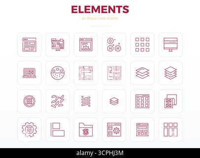 Industry-leading pack of 24 Strong Outline PIXEL perfect vector icons for Elements, sized at 128x128 for optimal rendering and user interface excellen Stock Vector
