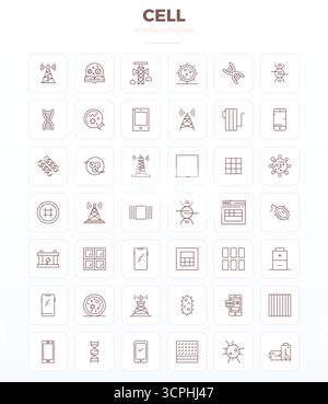Masterfully created 42 vector icons representing Cell in Strong Outline design, featuring 128x128 PIXEL perfect resolution for exceptional visual qual Stock Vector