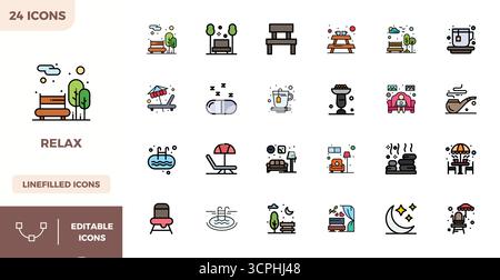 Essential pack of 24 PIXEL perfect vector icons for Relax in Flat Lineal Color format, sized at 128x128 for optimal performance and scalability. Stock Vector