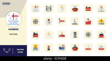 Essential pack of 24 PIXEL perfect vector icons for Harbor in Flat format, sized at 128x128 for optimal performance and scalability. Stock Vector