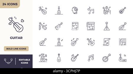 Contemporary collection of 24 vector icons representing Guitar in Heavy Line aesthetic, featuring 128x128 PIXEL perfect resolution for modern applicat Stock Vector