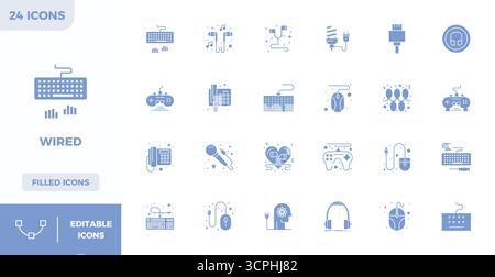 Essential pack of 24 PIXEL perfect vector icons for Wired in Filled format, sized at 128x128 for optimal performance and scalability. Stock Vector
