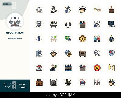 Complete package of 36 vector icons themed around Negotiation, showcasing LineFilled design in 128x128 PIXEL perfect quality for modern interfaces. Stock Vector