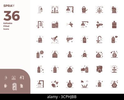 Expertly designed 36 Glyph Filled PIXEL perfect vector icons for Spray, engineered at 128x128 resolution for flawless integration and performance. Stock Vector