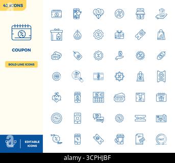 Set of 42 Heavy Line PIXEL perfect vector icons themed around Coupon, crafted in 128x128 resolution for seamless integration in apps and websites. Stock Vector