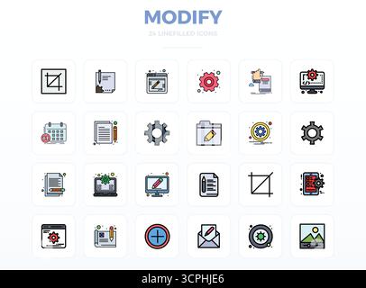 Distinctive pack of 24 PIXEL perfect vector icons inspired by Modify, crafted in LineFill format at 128x128 for memorable brand experiences. Stock Vector