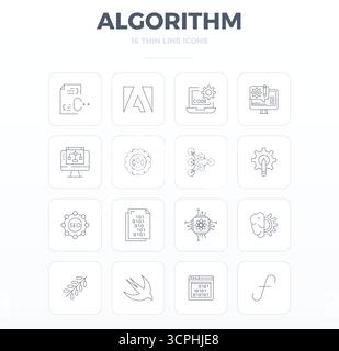 State-of-the-art bundle featuring 16 PIXEL perfect vector icons inspired by Algorithm, created in Thin Outline format at 128x128 for next-generation i Stock Vector