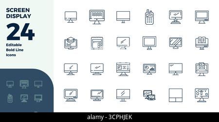 Collection of 24 Bold Line PIXEL perfect vector icons for Screen Display, designed in 128x128 format for clarity and versatility. Stock Vector