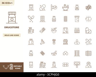 Industry-leading pack of 36 Heavy Line PIXEL perfect vector icons for Drugstore, sized at 128x128 for optimal rendering and user interface excellence. Stock Vector