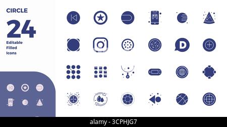 Intelligently designed 24 PIXEL perfect vector icons inspired by Circle, created in Glyph Filled format at 128x128 for smart and efficient design work Stock Vector