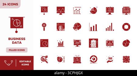 Sophisticated bundle of 24 Filled vector icons for Business Data, engineered with 128x128 PIXEL perfect clarity for professional applications. Stock Vector