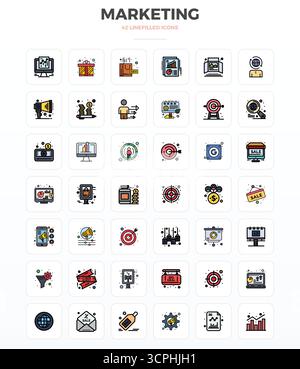 Masterfully created 42 vector icons representing Marketing in LineFill design, featuring 128x128 PIXEL perfect resolution for exceptional visual quali Stock Vector