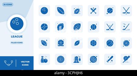 Masterfully created 24 vector icons representing League in Filled design, featuring 128x128 PIXEL perfect resolution for exceptional visual quality. Stock Vector