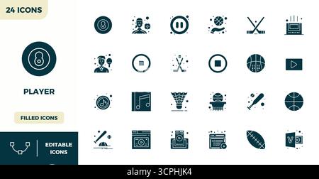 Contemporary collection of 24 vector icons representing Player in Filled aesthetic, featuring 128x128 PIXEL perfect resolution for modern application Stock Vector