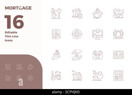 Professionally designed 16 vector icons in Thin Line, capturing the essence of Mortgage with 128x128 PIXEL perfect precision for UI design. Stock Vector