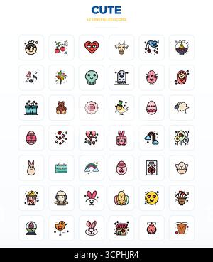 This set of 42 LineFill vector icons captures Cute themes in 128x128 PIXEL perfect quality, perfect for tech and business applications. Stock Vector