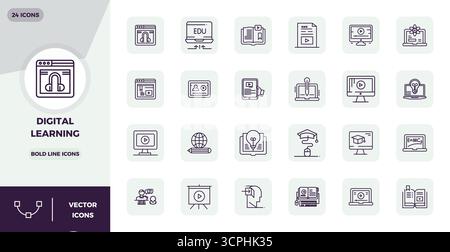 Enhance your projects with 24 Bold Line vector icons themed around Digital Learning, featuring 128x128 PIXEL perfect resolution ideal for clean and pr Stock Vector