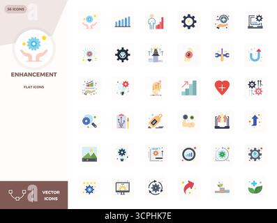 Advanced collection of 36 PIXEL perfect vector icons inspired by Enhancement, crafted in Flat with 128x128 optimization for superior visual performanc Stock Vector
