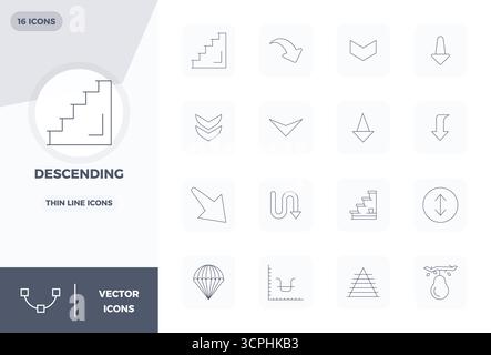 Artfully designed 16 Thin Line PIXEL perfect vector icons for Descending, delivered in 128x128 format for consistent visual excellence. Stock Vector