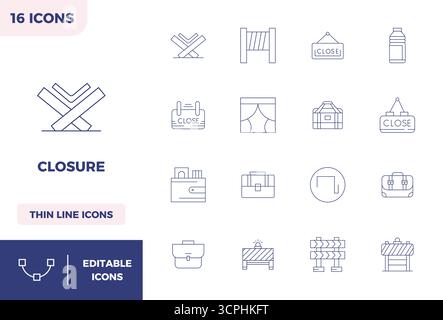 Discover a set of 16 Minimal Line vector icons crafted for the Closure theme, featuring 128x128 PIXEL perfect designs ideal for modern UI/UX projects. Stock Vector