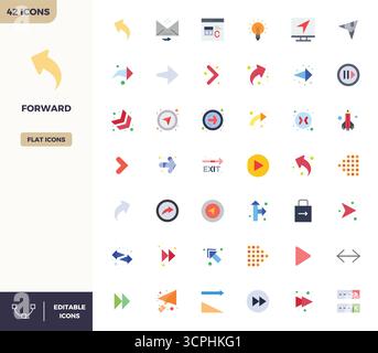 Enhance your projects with 42 Flat Color vector icons themed around Forward, featuring 128x128 PIXEL perfect resolution ideal for clean and profession Stock Vector