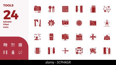 Contemporary collection of 24 vector icons representing Tools in Glyph Filled aesthetic, featuring 128x128 PIXEL perfect resolution for modern applica Stock Vector