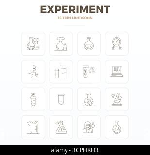 Comprehensive bundle featuring 16 vector icons in Thin Outline design for Experiment, delivered in crisp 128x128 PIXEL perfect quality. Stock Vector