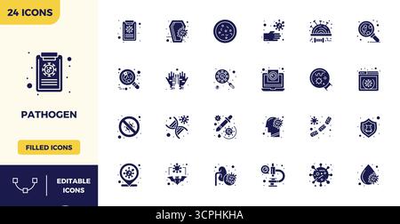 Strategic bundle featuring 24 vector icons representing Pathogen in Filled format, optimized with 128x128 PIXEL perfect quality for professional workf Stock Vector